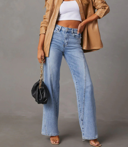 Women’s Casual Wide-Leg Jeans – Mid-Waist Cotton-Blend Relaxed Blue Denim, S–XL
