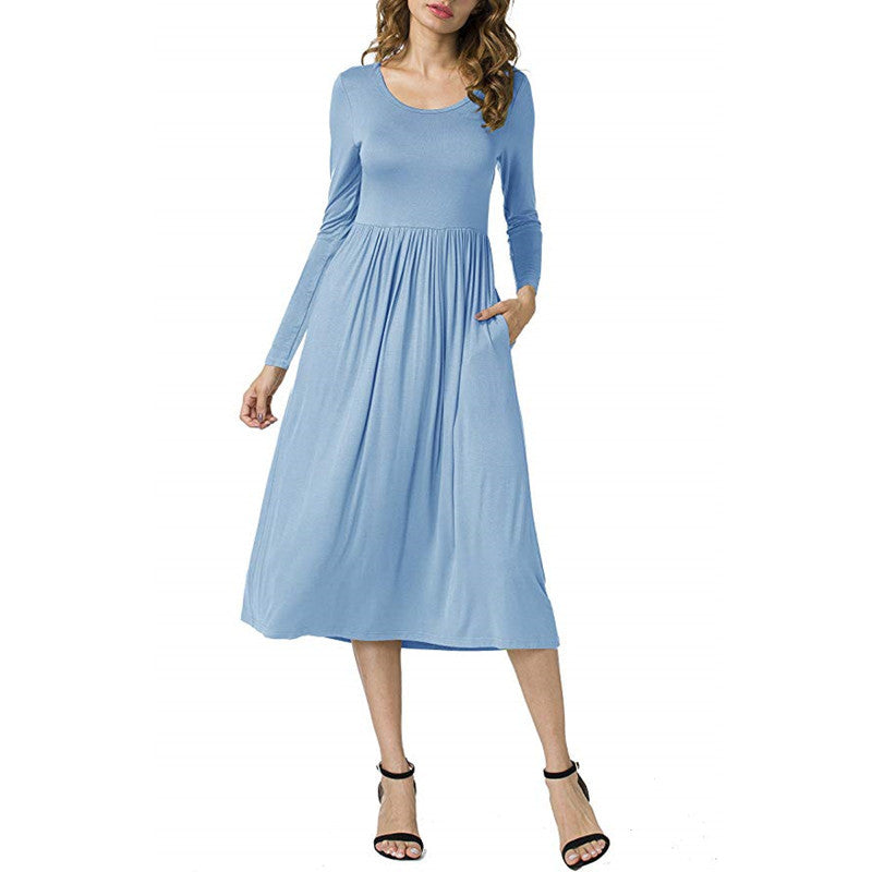 Women’s Long Sleeve A-Line Dress – Elegant Round Neck Solid Color Dress