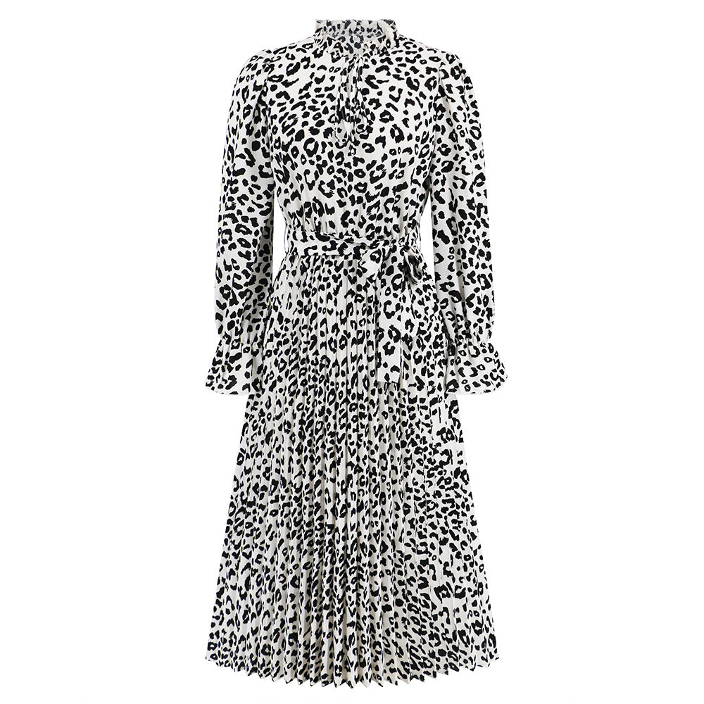 Women’s Leopard Print Pleated Dress – Stand Collar Slim-Fit Lace-Up Midi Dress