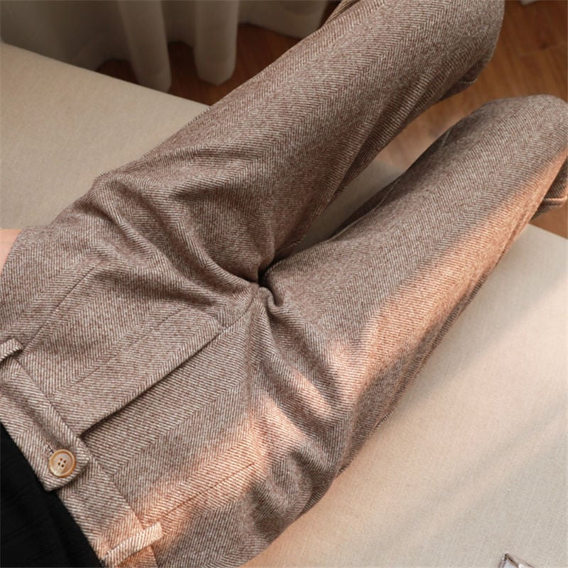 Women's Casual Woolen Trousers – Herringbone Straight-Leg Pants