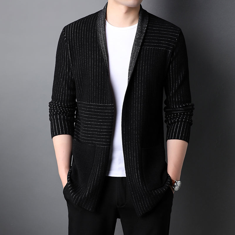 Men’s Long Retro Jacquard Cardigan – Streetwear Knit Sweater Coat, Beige, Gray & Black, M–3XL
