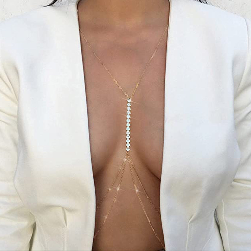 Women’s Rhinestone Chest Body Chain – Lightweight Gold & Silver Diamond-Studded Statement Jewelry