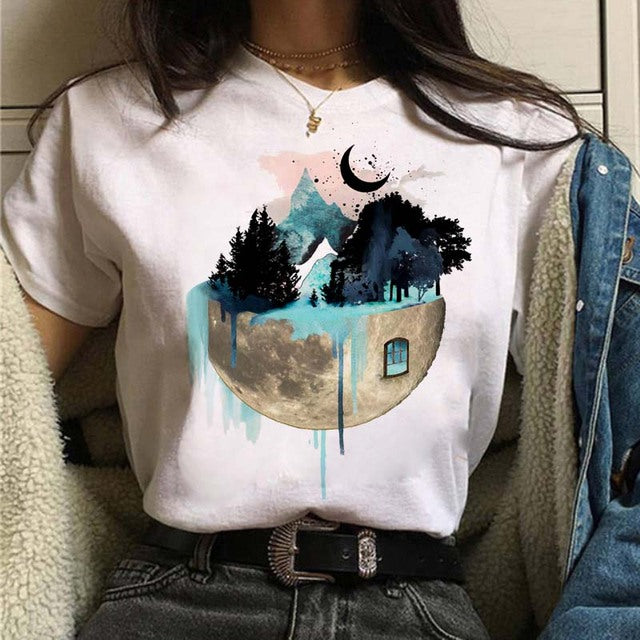 Aesthetic Universe Planets Graphic T-Shirt for Women