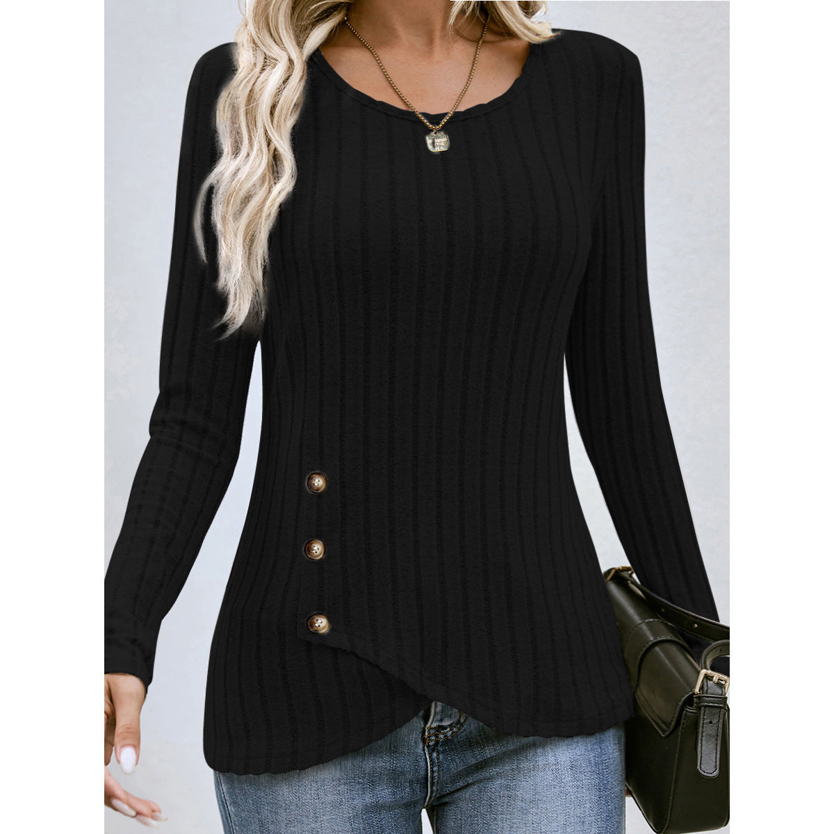 Women’s Button Round Neck Sweater – Slim-Fit Pleated Polyester Pullover, 4 Colors, S–XXL