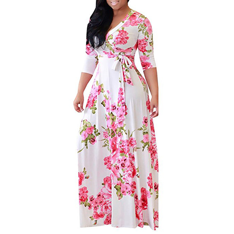 Plus Size Floral Maxi Dress – Women’s V-Neck Tie-Waist Summer Dress S–5XL