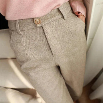Women's Casual Woolen Trousers – Herringbone Straight-Leg Pants