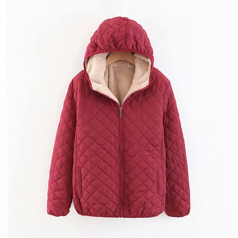 Women’s Plus Size Korean Plaid Fleece Jacket – Hooded Lamb Fleece Winter Coat, 10 Colors, S–3XL