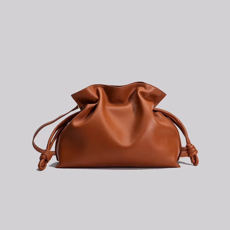 Women’s Fashion Pleated Cowhide Bag – Elegant Genuine Leather Oval Shoulder Handbag