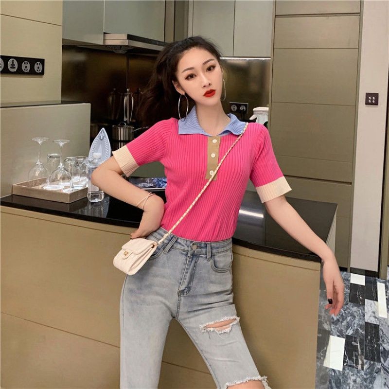 Fashion Color Block Sweet Knit Polo T-Shirt for Women