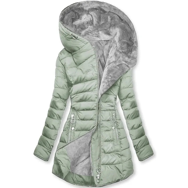 Women’s Hooded Mid-Length Cotton Coat – Loose-Fit Oblique Zipper Casual Jacket, S–5XL