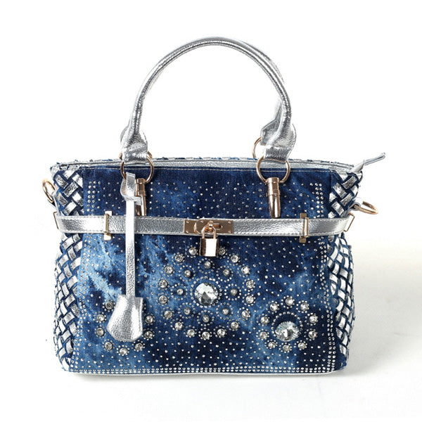 Inlaid Glass Rhinestone Denim Messenger Bag for Women – Sparkling Buckle Lock Shoulder Bag