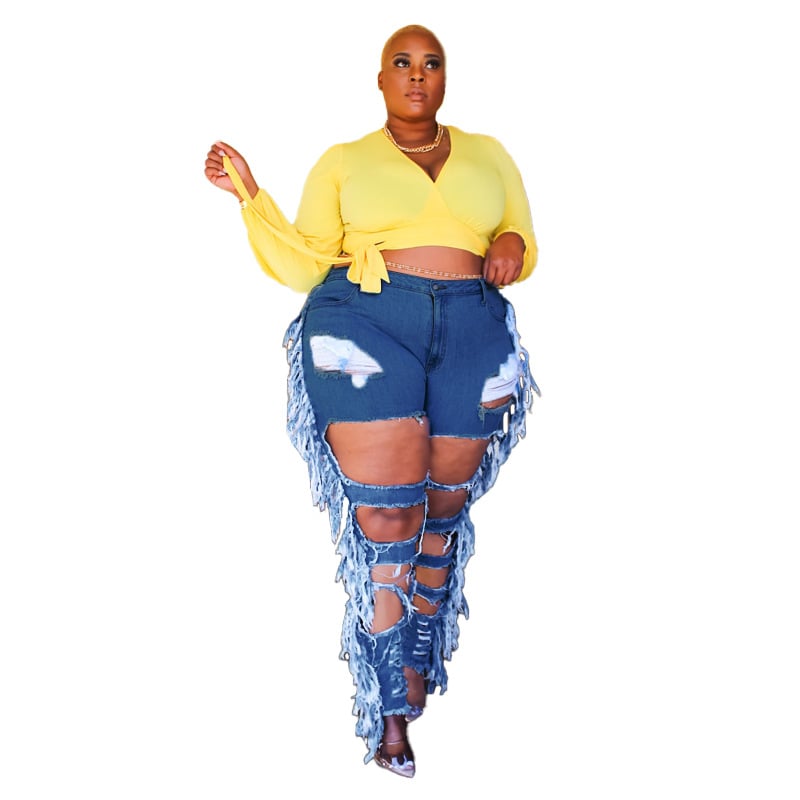 Women’s Plus Size Distressed Tassel Skinny Jeans – Cotton Denim in Light & Dark Blue, XL–5XL