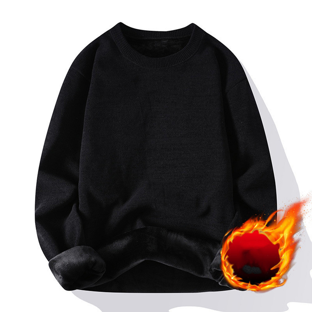 Men’s Plush Round Neck Sweater – Slim-Fit Warm Fleece-Lined Solid Pullover, 4 Colors, M–4XL