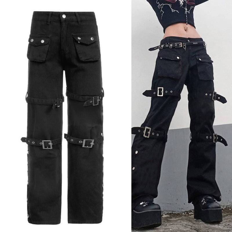 Women’s Black High-Waist Cargo Jeans – Multi-Pocket Straight-Leg Denim with Metal Buckle Belt, S–XL