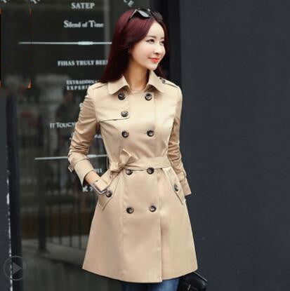 Women’s Slim-Fit Windbreaker Jacket – Double-Breasted Belted Long Sleeve Trench Coat, Navy & Khaki, S–L