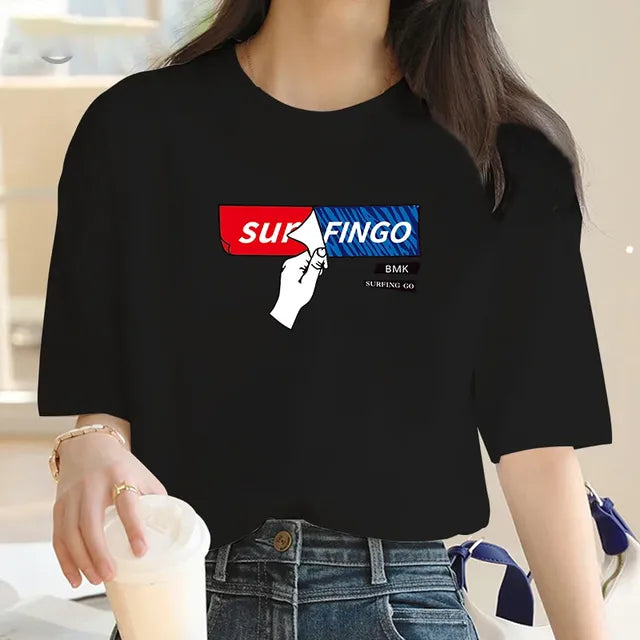 Cute Cartoon Monogram Cotton T-shirt for Women