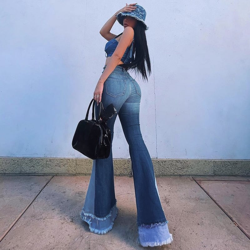 Women’s High-Rise Slim-Fit Wide-Leg Jeans – Stretch Blue Flared Denim, S–L
