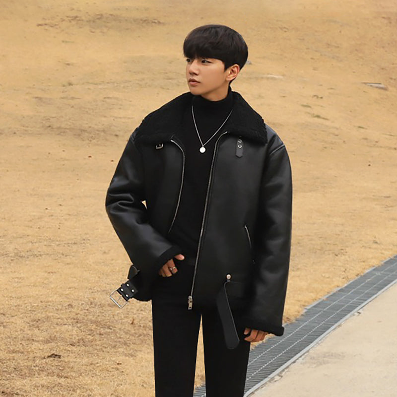 Men’s Loose Fleece Lamb Fur Jacket – Faux Leather Oversized Winter Jacket, Black, M–2XL