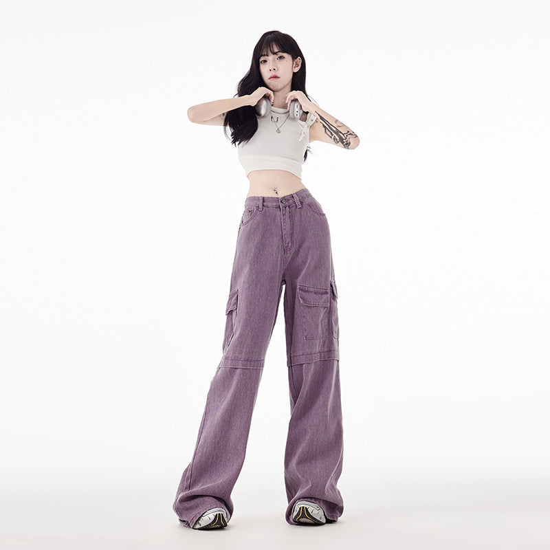 Women’s Purple Multi-Pocket Workwear Jeans – Japanese Korean Street-Style Cotton Denim, XS–XL