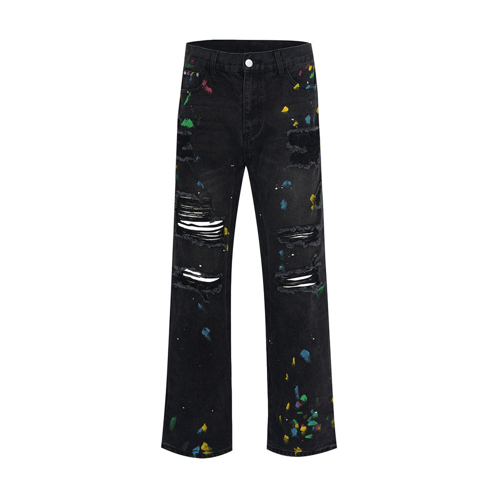 Men’s Ripped Paint Wide-Leg Jeans – Distressed Streetwear Denim Pants