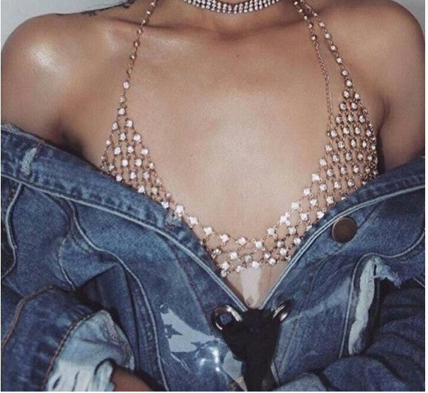 Women’s Handcrafted Multi-Layer Body Chain Set – Copper Rhinestone Necklace & Chest Jewelry, Gold & Silver