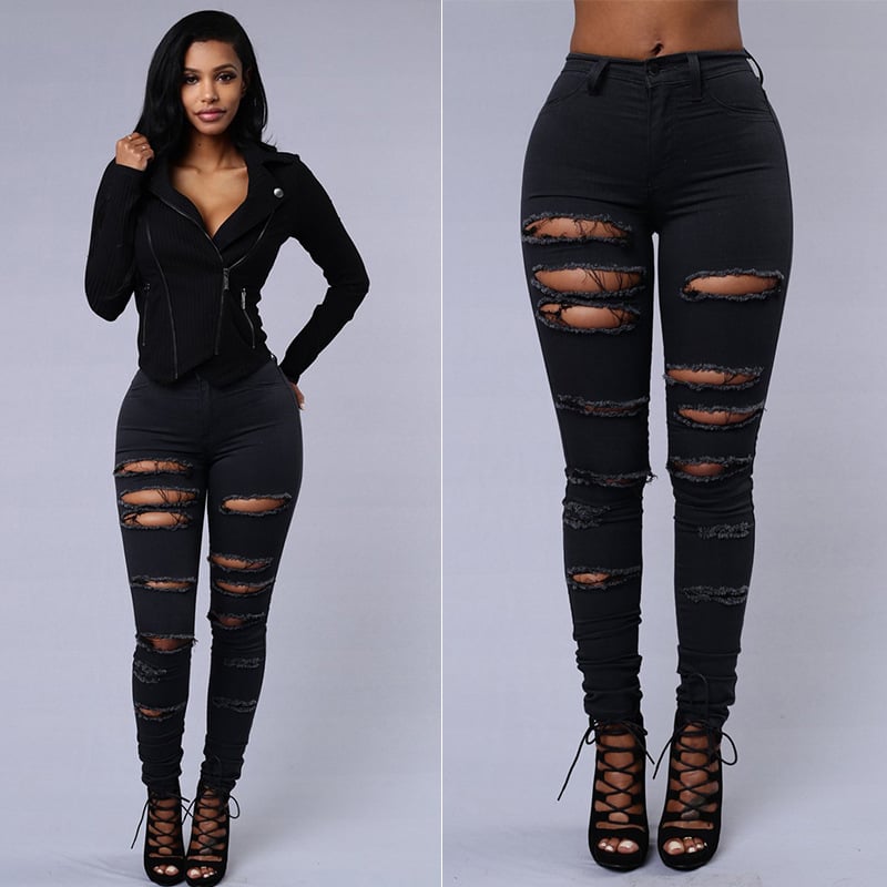 Women’s High-Waist Ripped Skinny Jeans – Cotton Pencil-Fit Denim in Black & White, S–2XL
