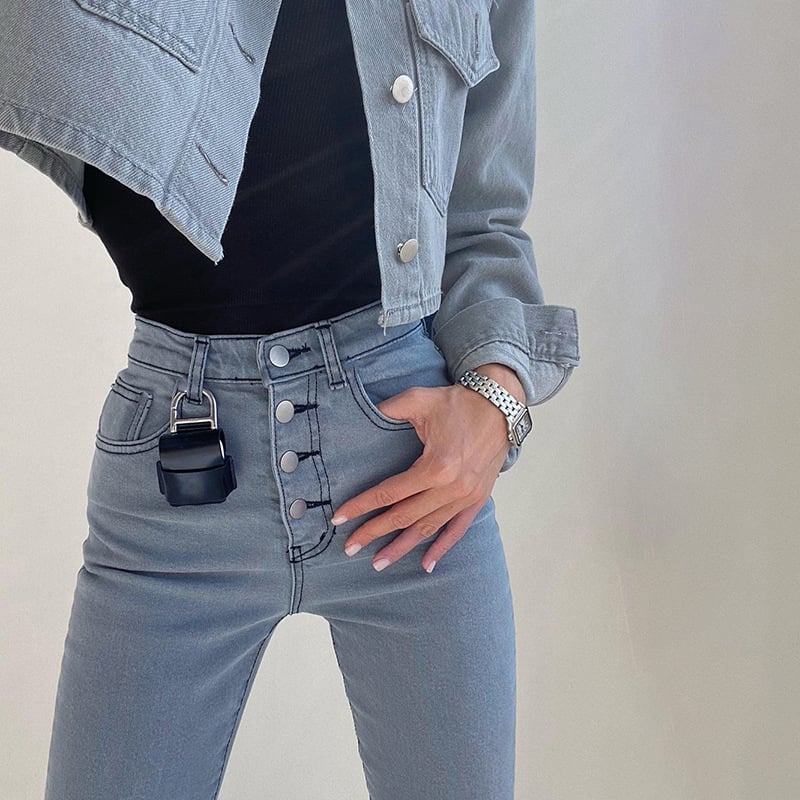 Women’s Exposed Straight-Leg Jeans – 100% Cotton High-Waist Denim in Black, Blue & Grey, XS–XL