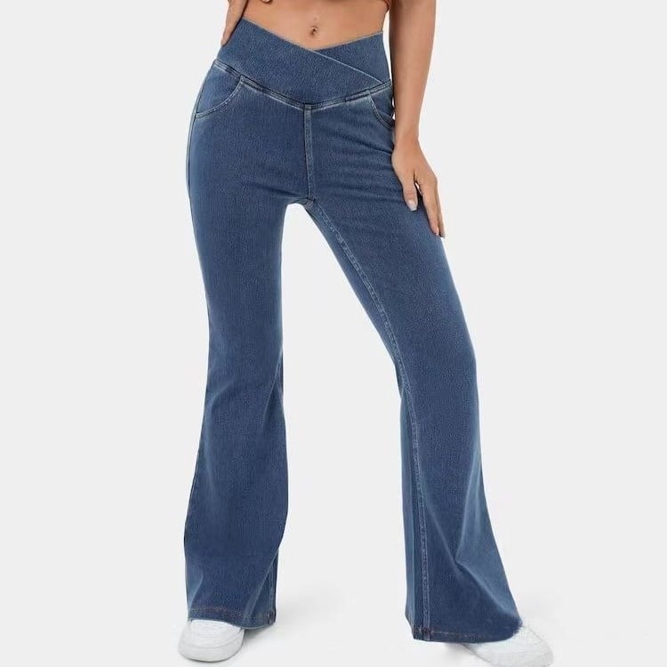 Women’s High-Imitation Denim Bell-Bottom Pants – Mid-Waist Stretch Flared Jeans, XS–4XL
