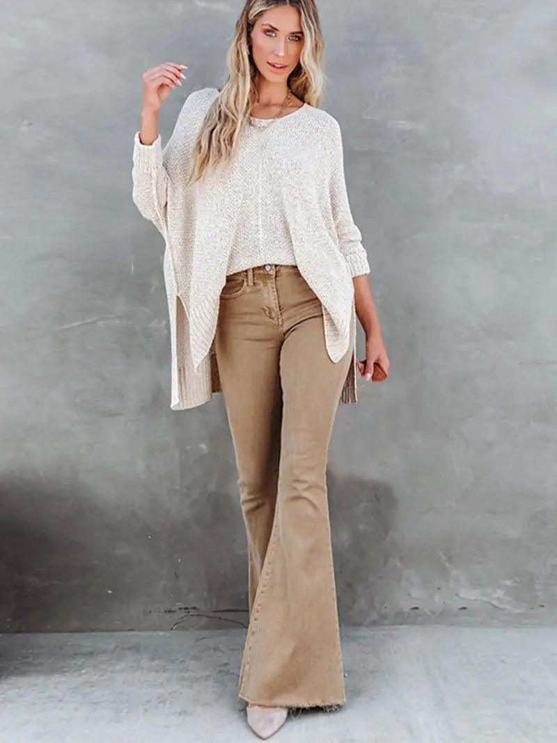 Women’s High-Waist Flared Bell Bottom Jeans – Camel Raw Hem Wide-Leg Denim, S–L