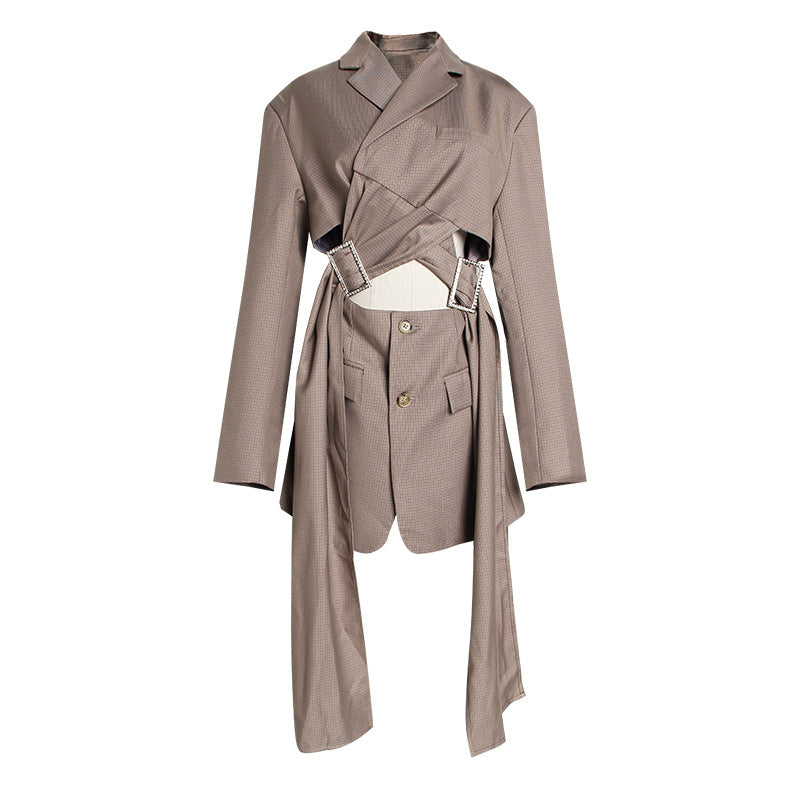 Women’s Designer Khaki Plaid Blazer – Slim-Fit Hollow-Out Long Tailored Jacket, S–L