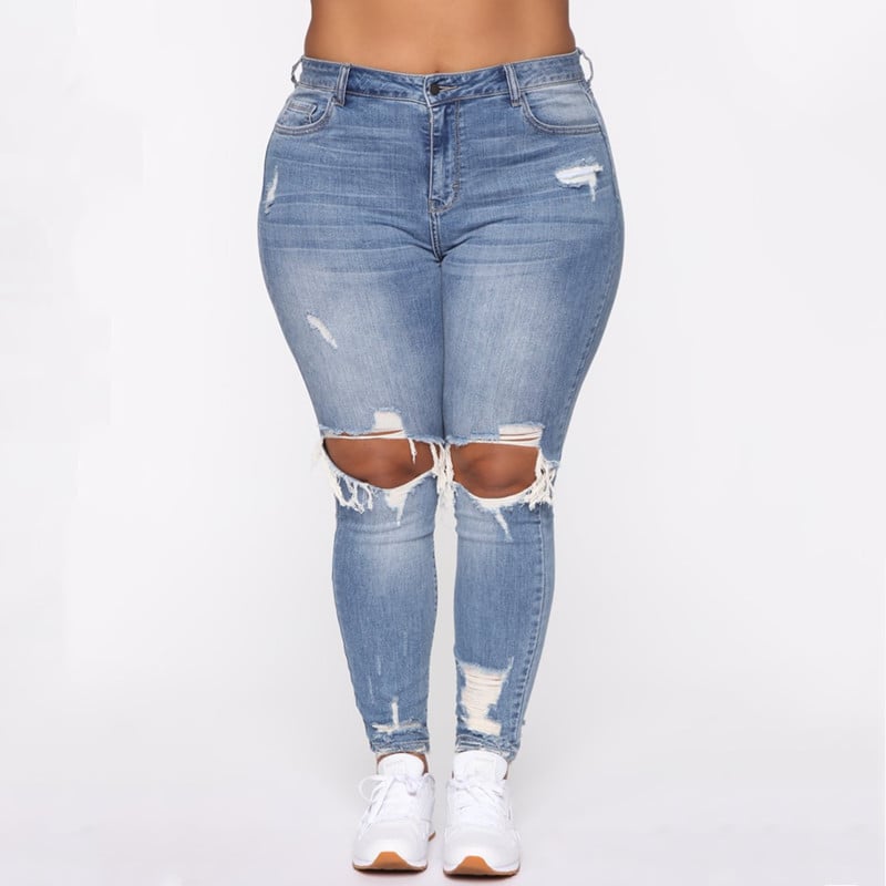 Women’s Plus-Size Ripped Denim Jeans – Cotton Slim-Fit Double-Waist Blue Jeans, 0XL–4XL