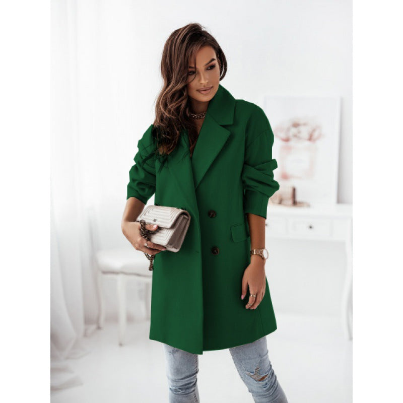 Women’s Double-Breasted Long Coat – Blazer Collar Tailored Polyester Coat, S–2XL