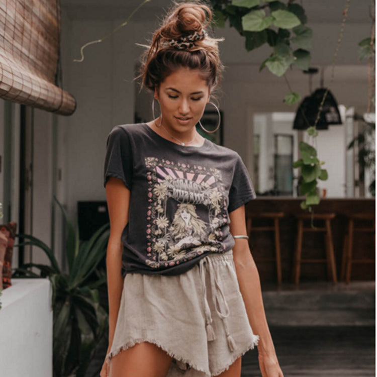 Angel Rose Print Short Sleeve T-Shirt for Women