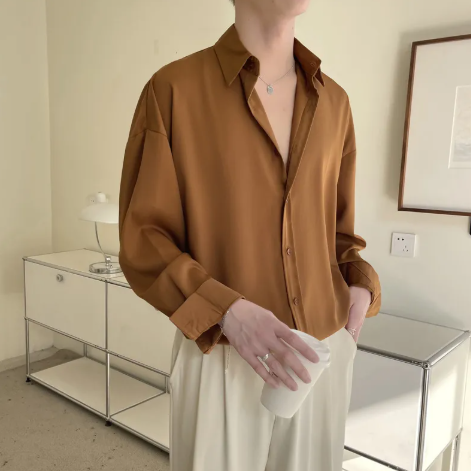 Men’s Retro Tencel Non-Iron Long Sleeve Shirt – Korean Style Draped Casual Shirt