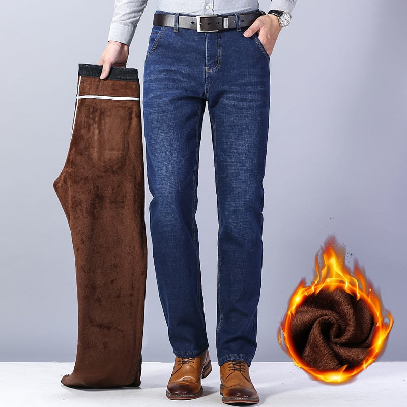 Men’s Thick Warm Fleece-Lined Jeans – Cotton Loose Straight-Leg Winter Denim Pants, Sizes 28–40