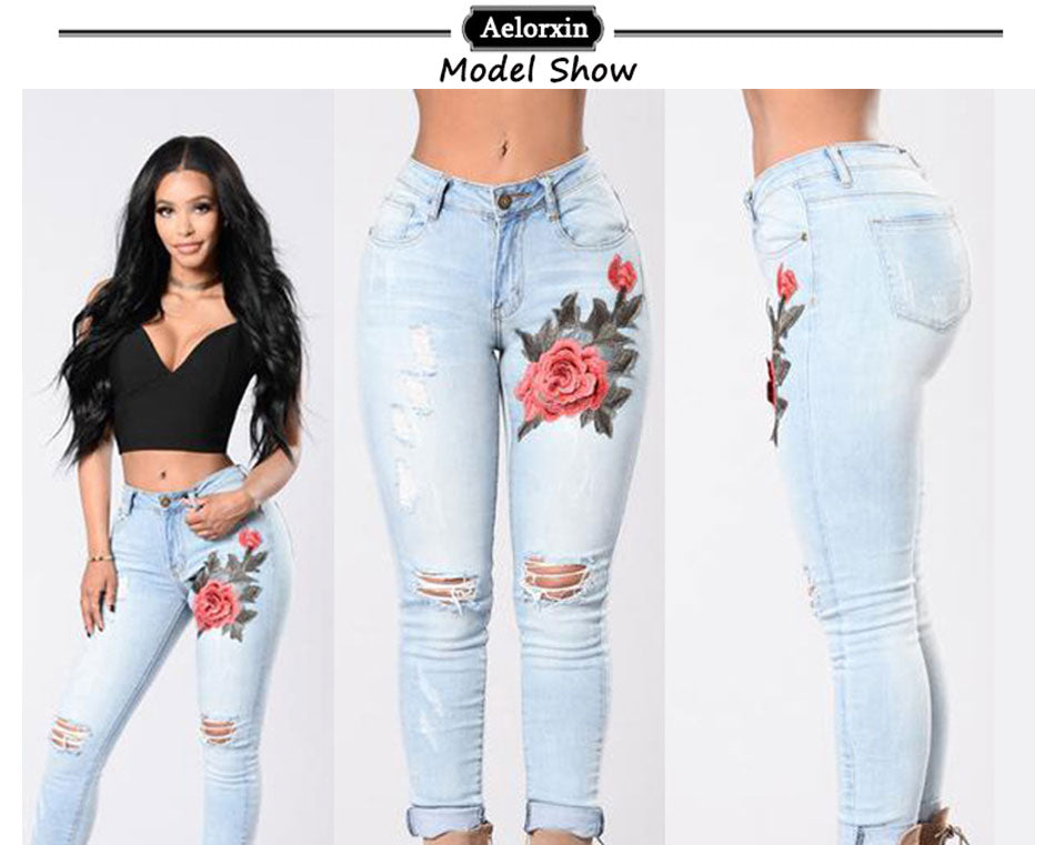 Women’s High-Stretch Embroidered Ripped Skinny Jeans – Distressed High-Waist Denim, S–3XL