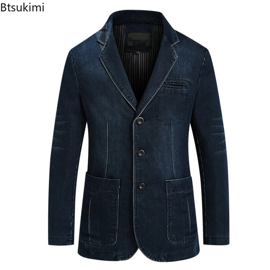 Men’s Slim-Fit Denim Suit Jacket – Modern Casual Formal Blazer
