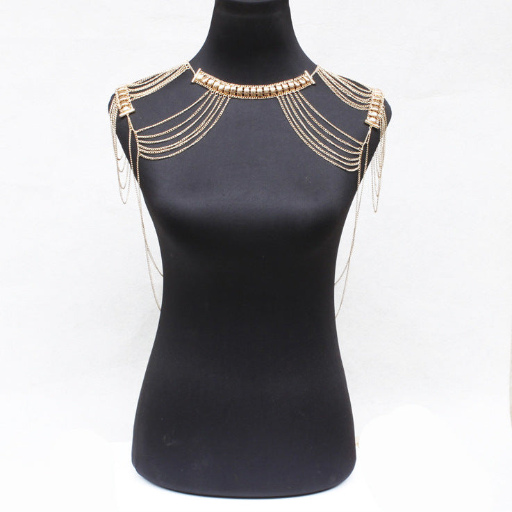 Women’s Exaggerated Metal Fringe Body Chain – Multi-Layer Tassel Shoulder Necklace, Gold & Silver