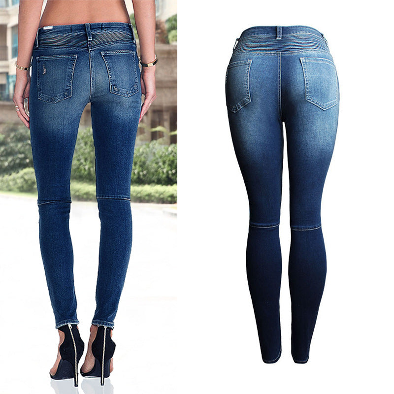 Women’s European-Style Ripped Skinny Jeans – Elastic Cotton Mid-Rise Blue Distressed Denim, S–3XL