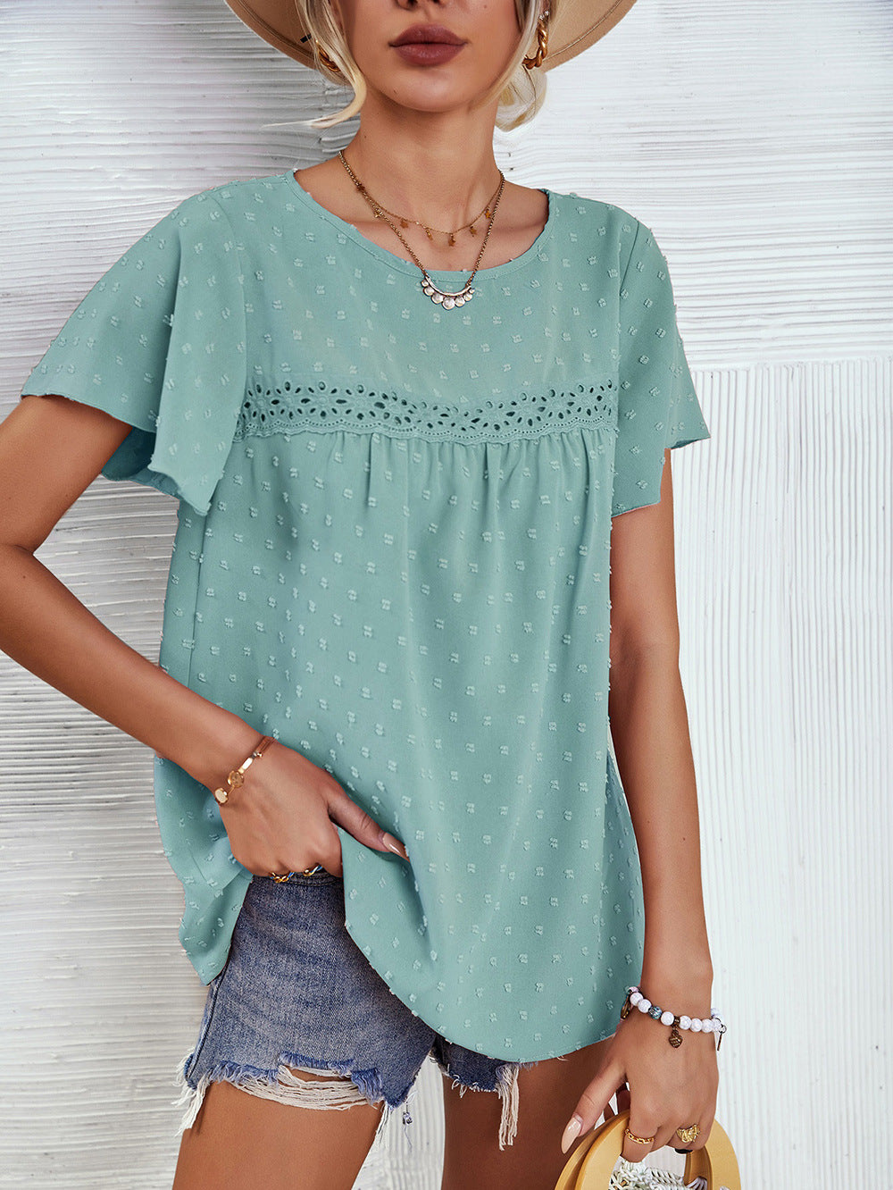 Women’s Solid Color Lace Babydoll Top – Short Sleeve Summer Blouse