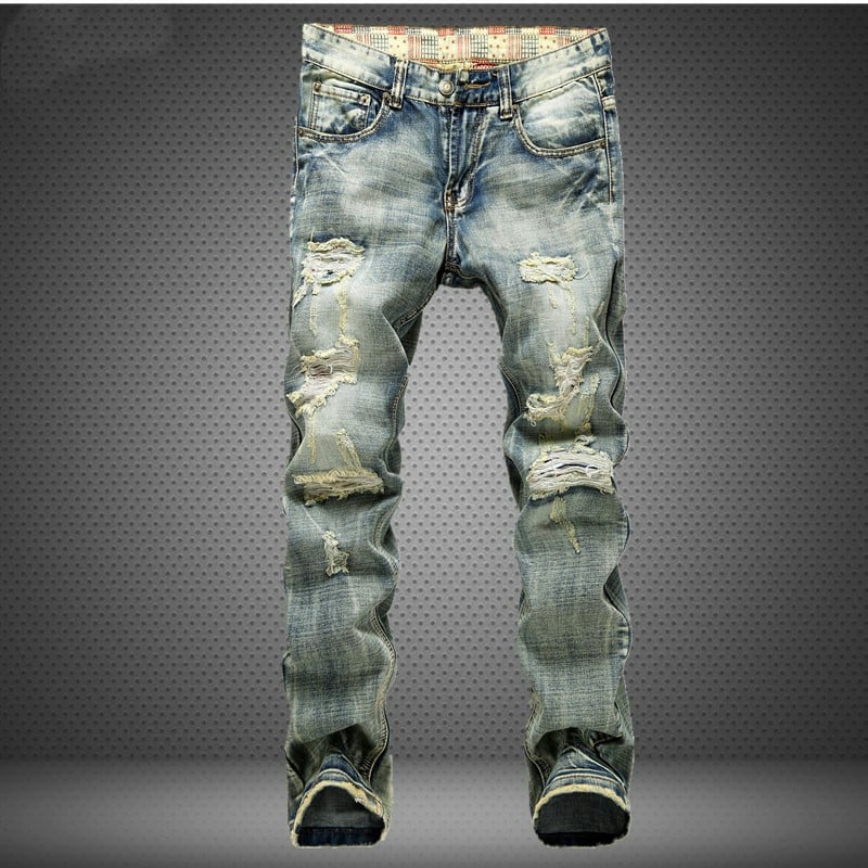 Destruction Print Men’s Mid-Rise Jeans – Stretch Pencil-Fit Light Blue Washed Denim with White Cat Print, Sizes 28–40