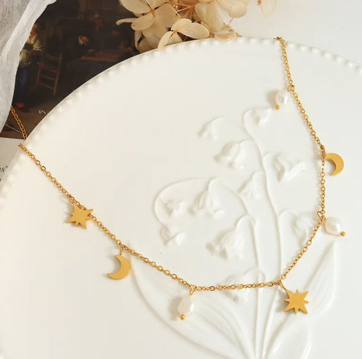 Women’s Star & Moon Tassel Necklace – Gold Titanium Steel Celestial Jewelry