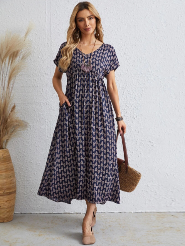 Women’s Floral Tie-Neck Maxi Dress – High-Waist A-Line Vacation Dress S–5XL