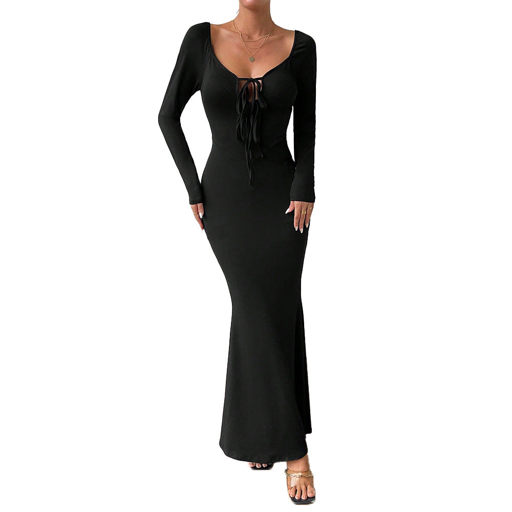 Women’s Elegant U-Neck Long Sleeve Dress – Slim-Fit Black Bodycon Dress