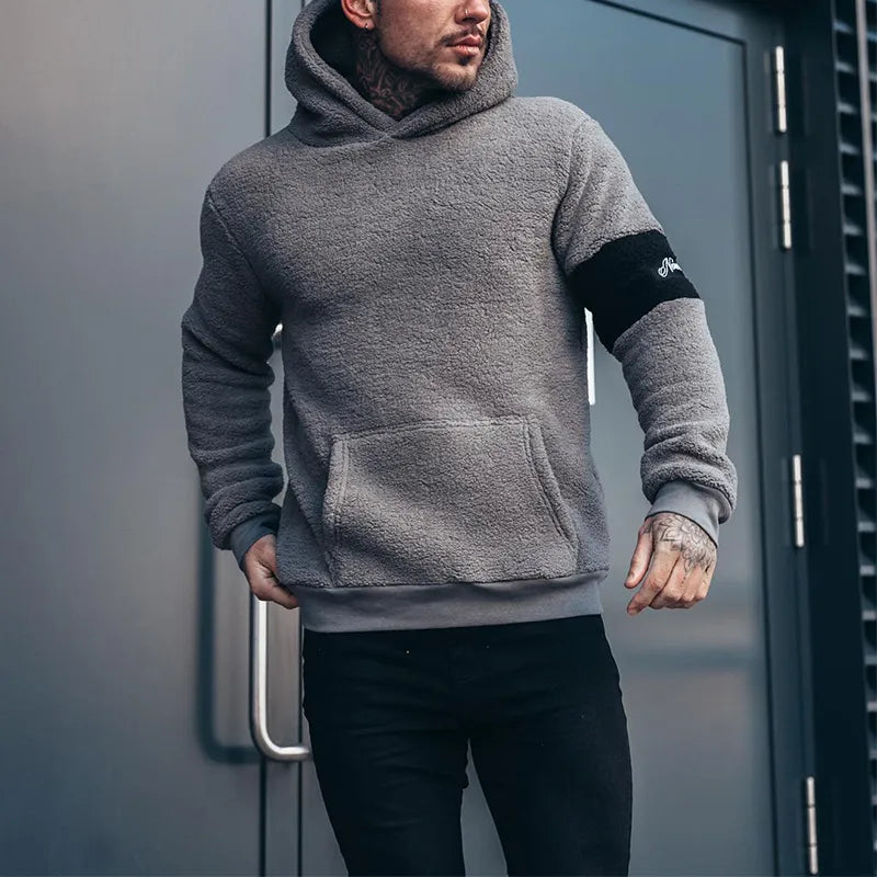 Men’s Hooded Plush Sweater – Warm Casual Winter Pullover, Black & Grey, S–3XL