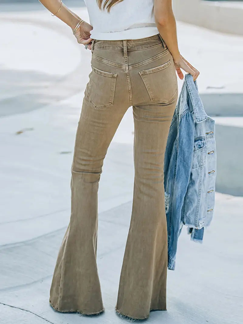 Women’s High-Waist Flared Bell Bottom Jeans – Camel Raw Hem Wide-Leg Denim, S–L