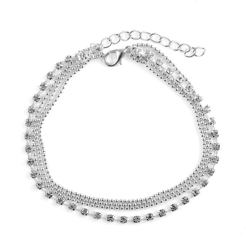 Multi-Layer Metallic Beaded Anklet with Sparkling Gems