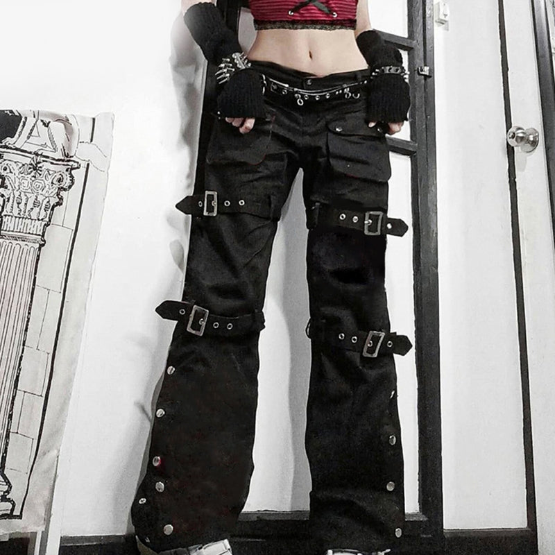 Women’s Black High-Waist Cargo Jeans – Multi-Pocket Straight-Leg Denim with Metal Buckle Belt, S–XL