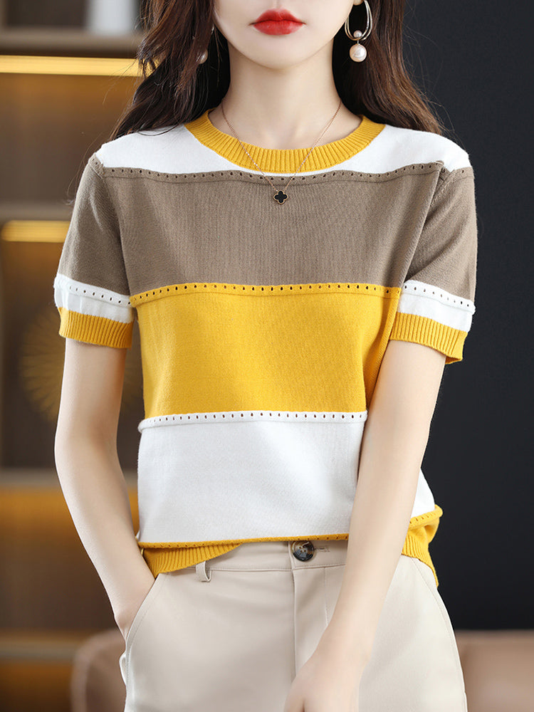 Cotton Contrast Panel Casual Knit T-Shirt for Women