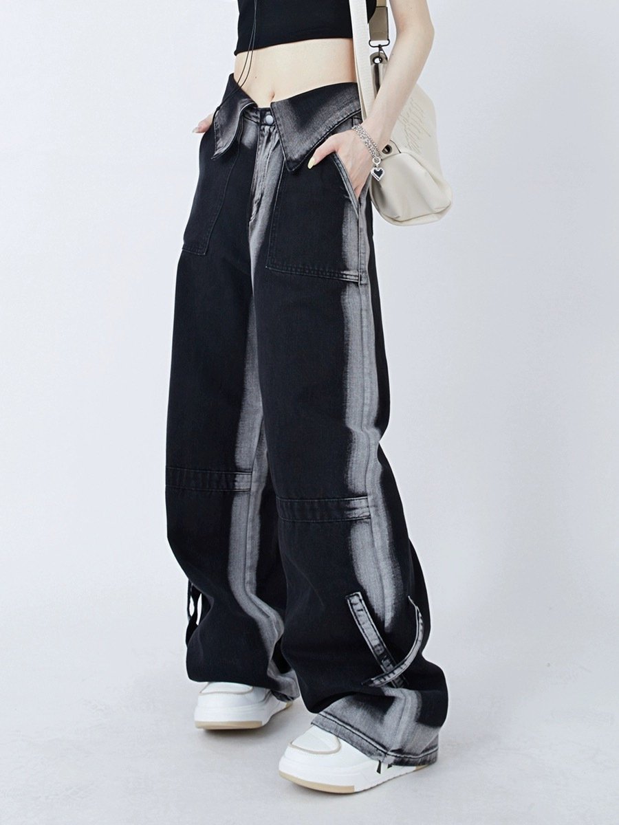 Women’s American-Style Retro Cuffed Jeans – High-Waist Straight-Leg Black Cotton Denim, S–XL